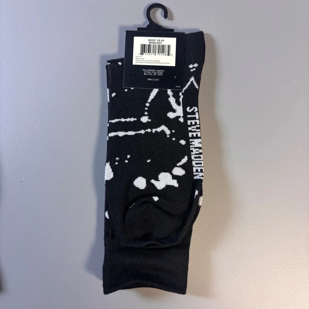 Steve Madden Mens Crew Socks‎ 6 Pack Shoe Size 6-12.5 Novelty Patterns Black